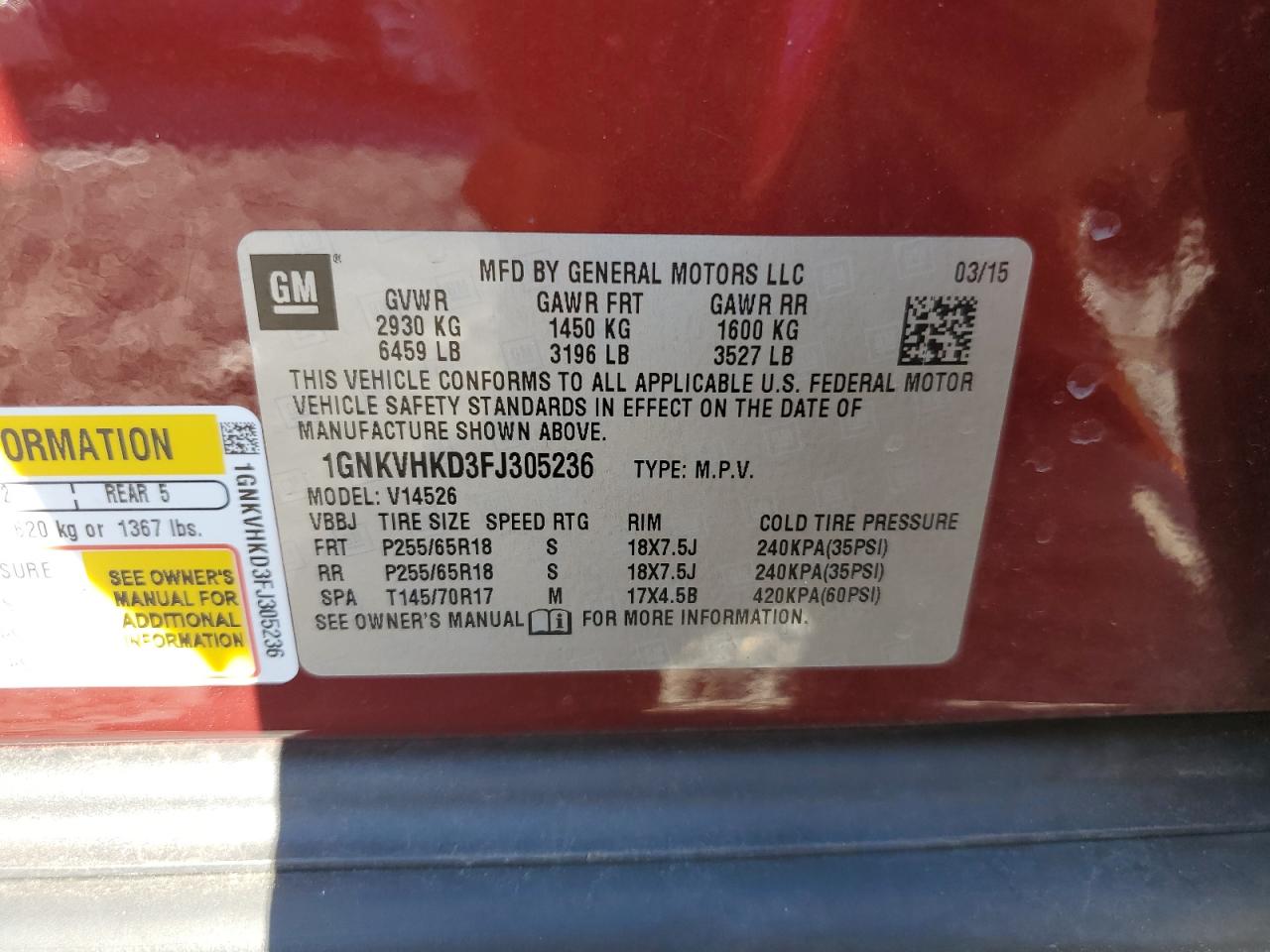 2015 Chevrolet Traverse Lt VIN: 1GNKVHKD3FJ305236 Lot: 85180545