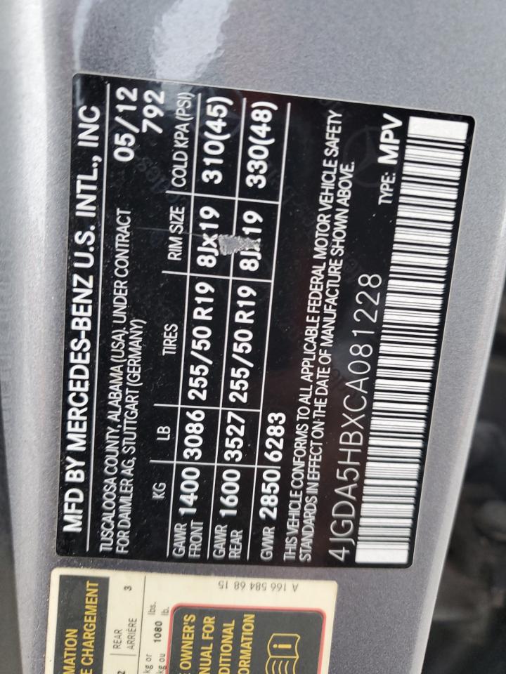 2012 Mercedes-Benz Ml 350 4Matic VIN: 4JGDA5HBXCA081228 Lot: 86630015