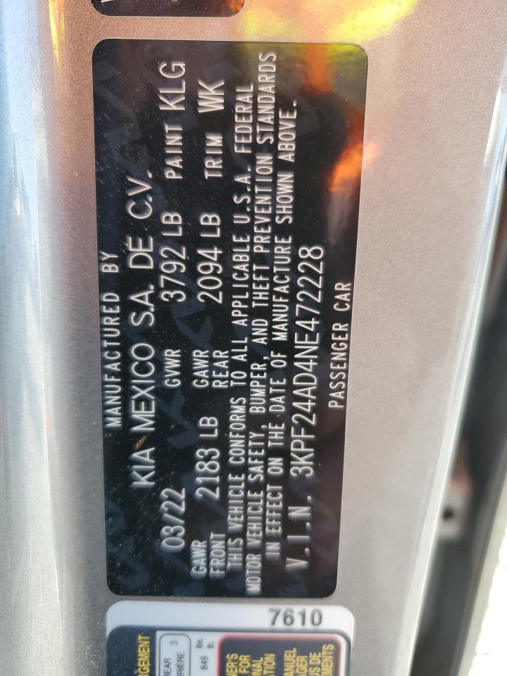 2022 Kia Forte Fe VIN: 3KPF24AD4NE472228 Lot: 84541305