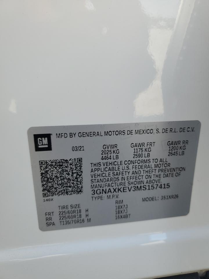 2021 Chevrolet Equinox Lt VIN: 3GNAXKEV3MS157415 Lot: 86497335