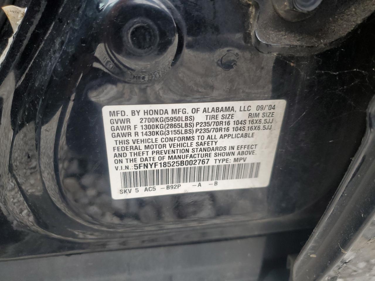 2005 Honda Pilot Exl VIN: 5FNYF18525B002767 Lot: 86168025