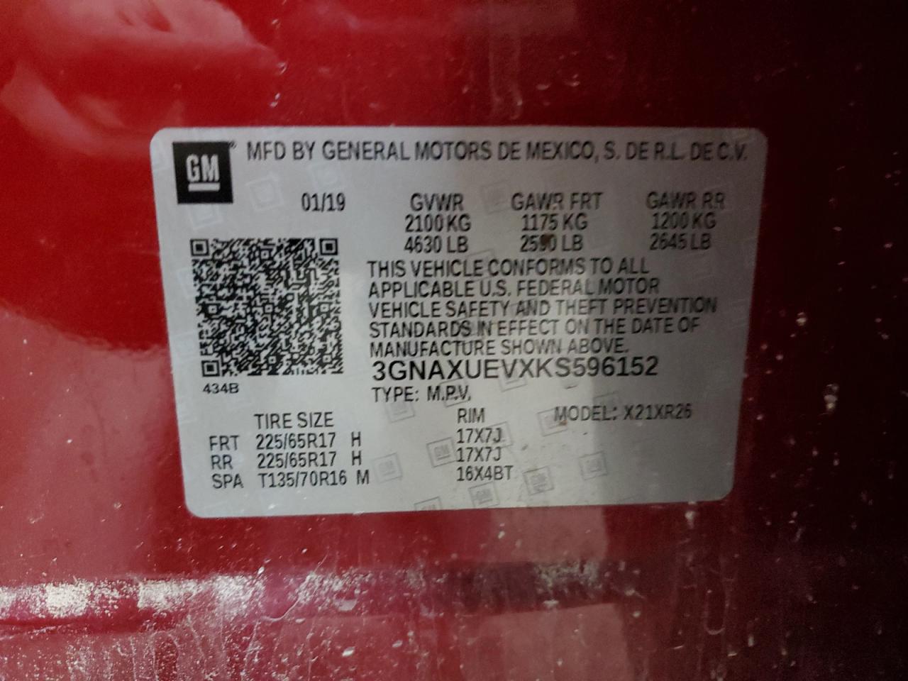 2019 Chevrolet Equinox Lt VIN: 3GNAXUEVXKS596152 Lot: 82006975