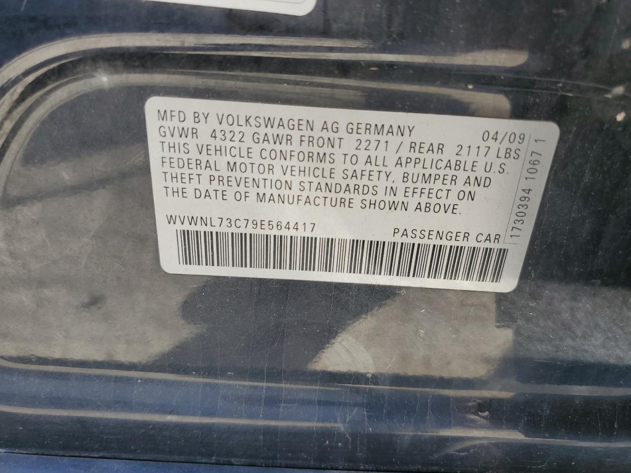 2009 Volkswagen Cc Sport VIN: WVWNL73C79E564417 Lot: 87385505