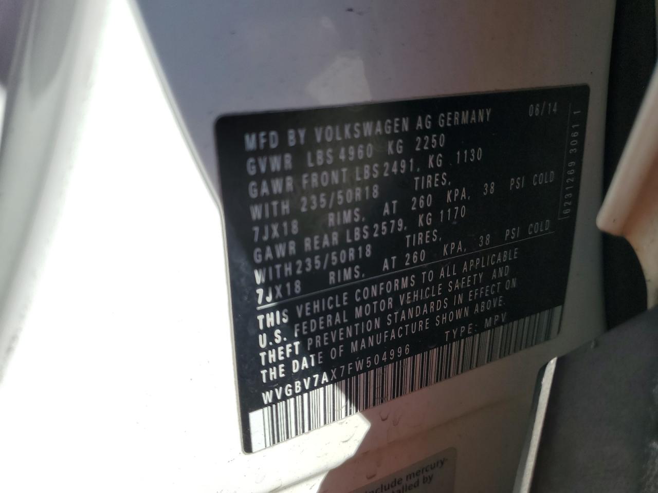 2015 Volkswagen Tiguan S VIN: WVGBV7AX7FW504996 Lot: 82286655