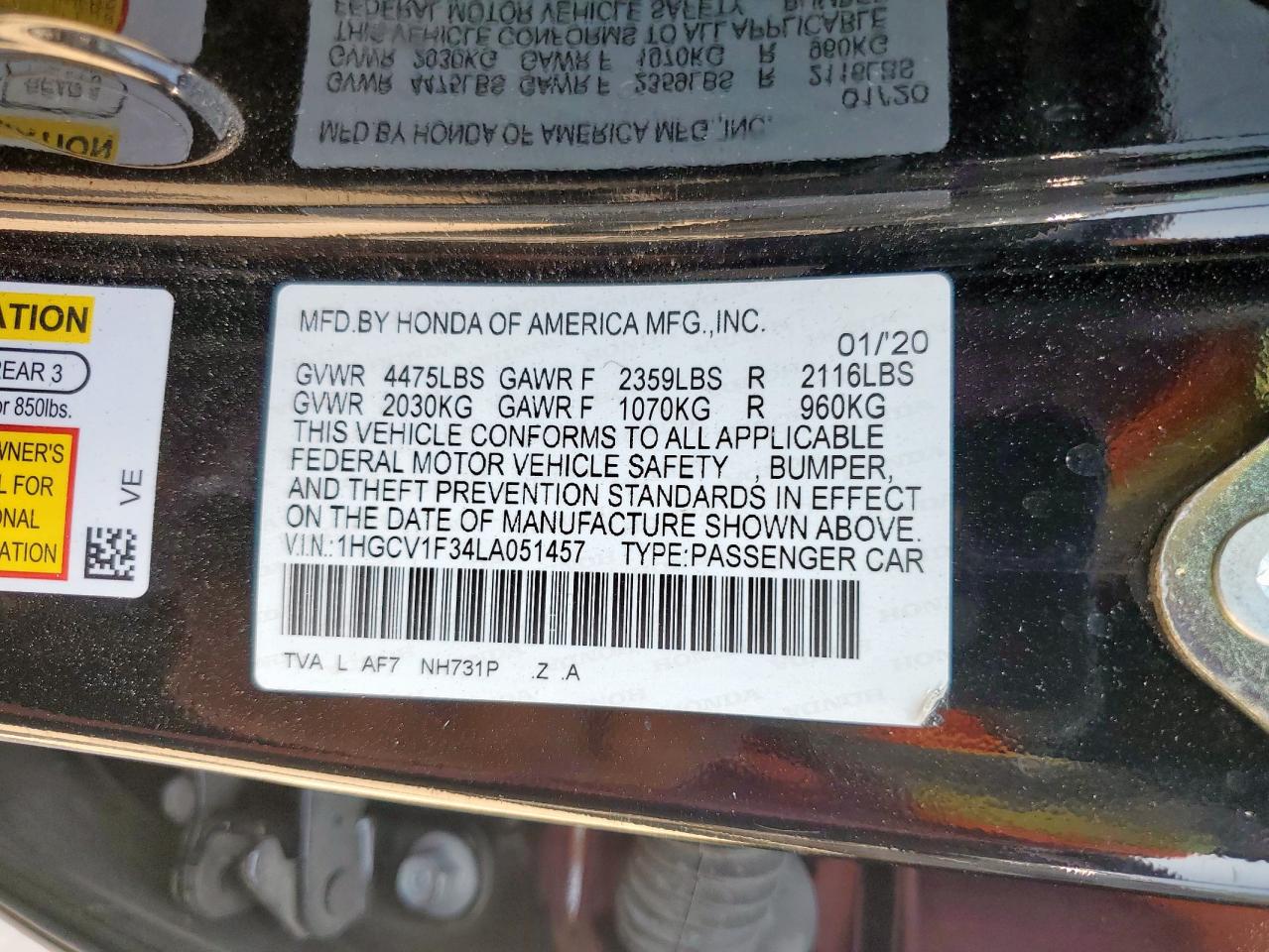 2020 Honda Accord Sport VIN: 1HGCV1F34LA051457 Lot: 84476635