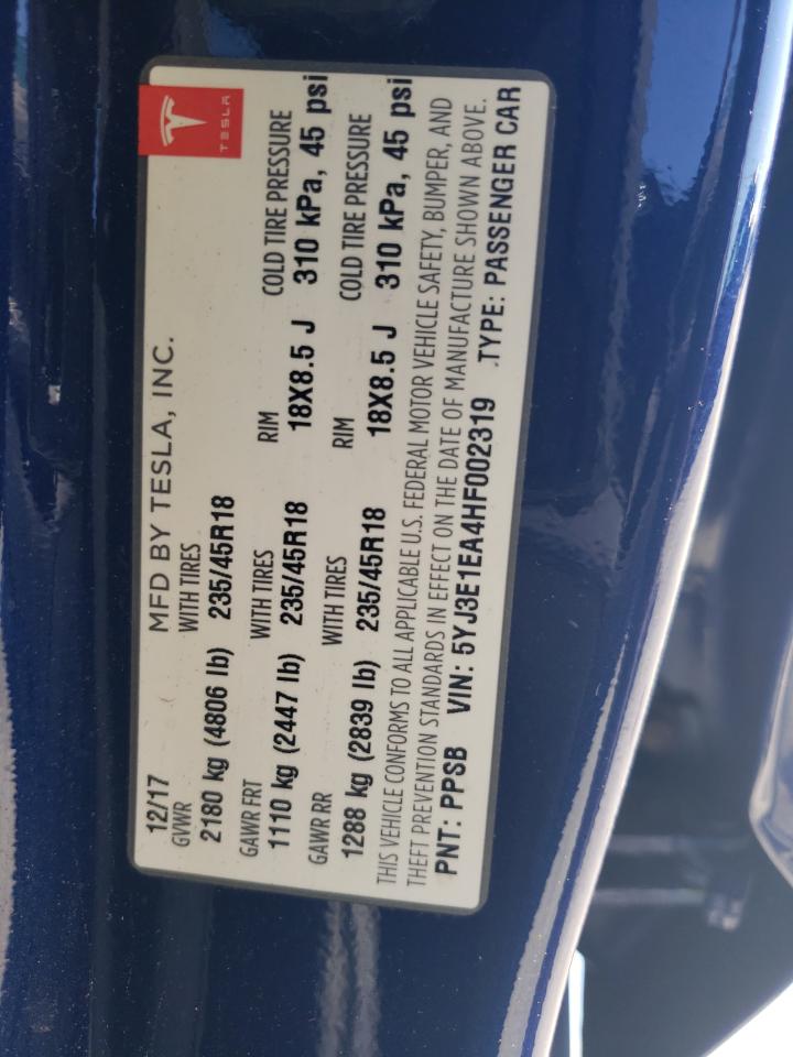 2017 Tesla Model 3 VIN: 5YJ3E1EA4HF002319 Lot: 85407715