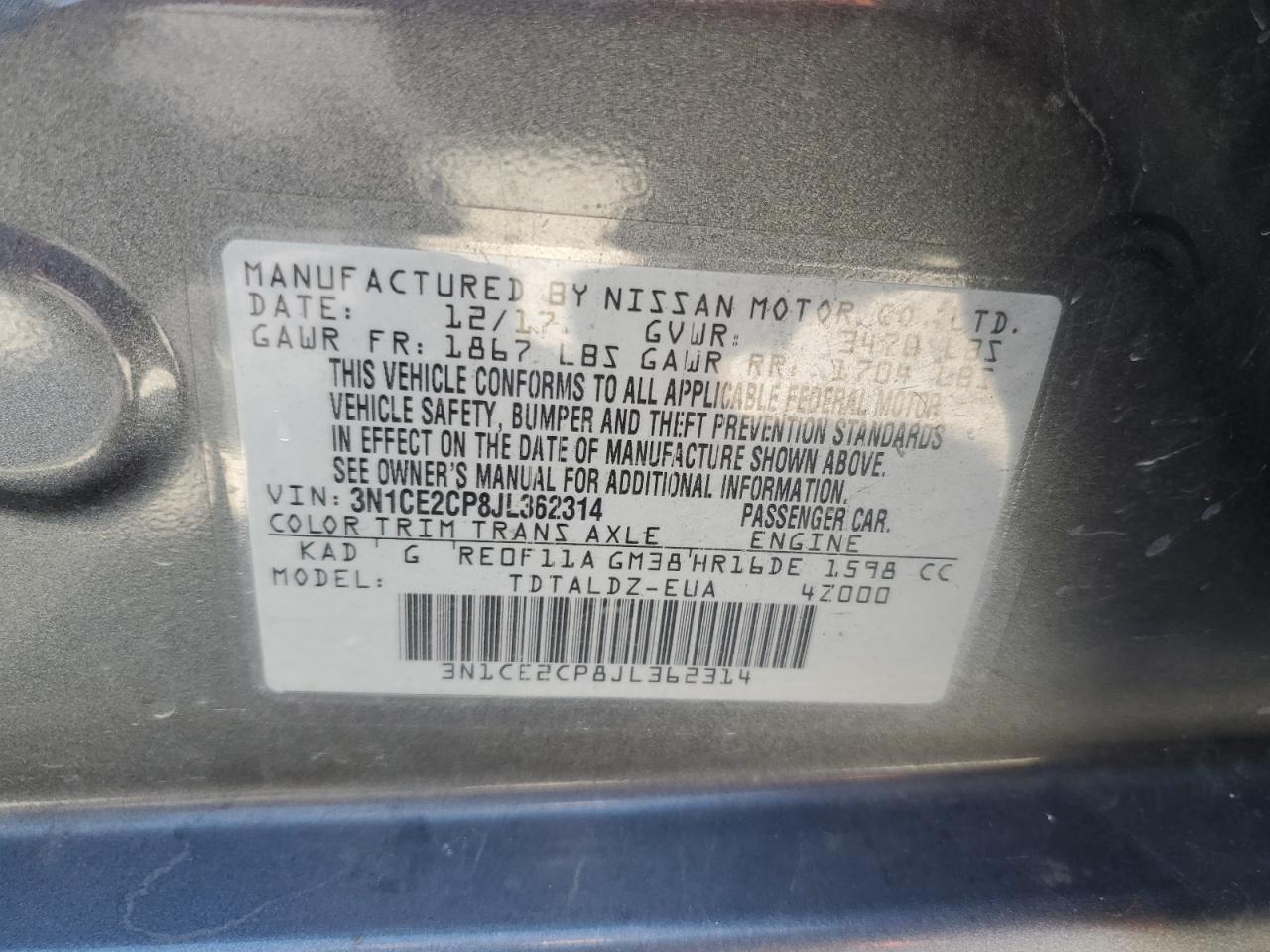 2018 Nissan Versa Note S VIN: 3N1CE2CP8JL362314 Lot: 85942355