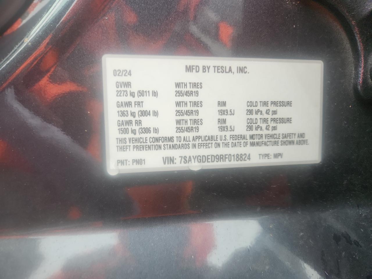 2024 Tesla Model Y VIN: 7SAYGDED9RF018824 Lot: 89921355