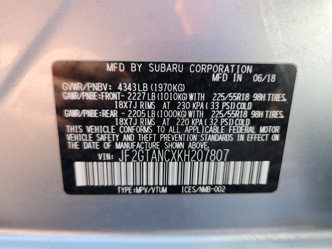 2019 Subaru Crosstrek Limited VIN: JF2GTANCXKH207807 Lot: 89804075
