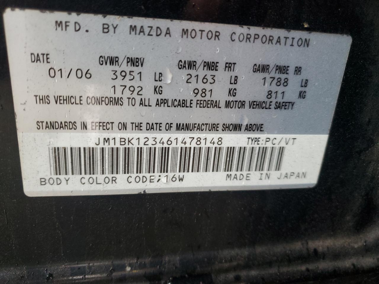 2006 Mazda 3 S VIN: JM1BK123461478148 Lot: 82785345