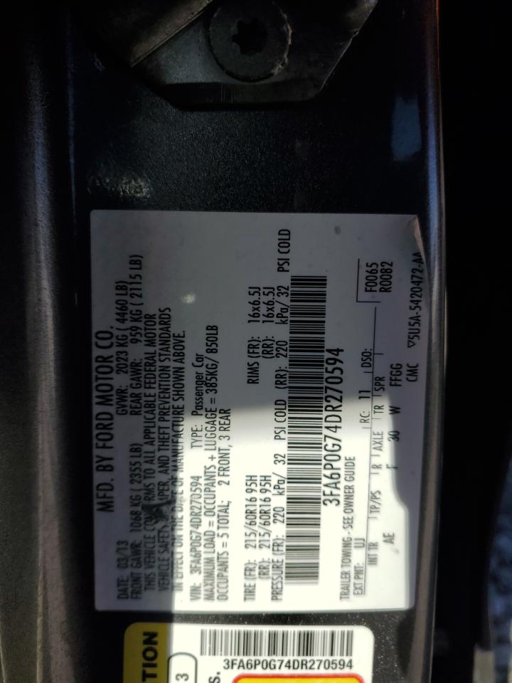 2013 Ford Fusion S VIN: 3FA6P0G74DR270594 Lot: 85845725