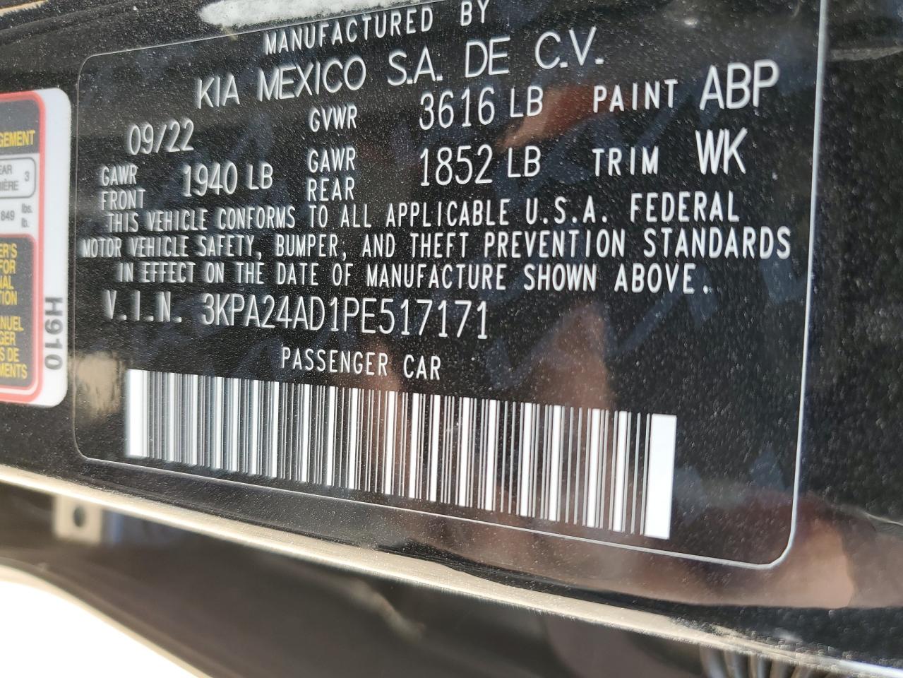 2023 Kia Rio Lx VIN: 3KPA24AD1PE517171 Lot: 87287375