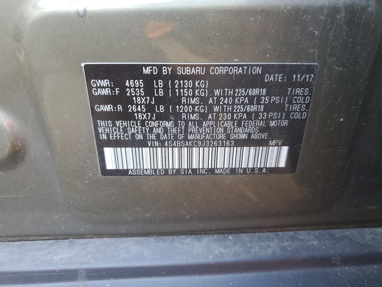 2018 Subaru Outback 2.5I Limited VIN: 4S4BSAKC9J3263163 Lot: 85864275