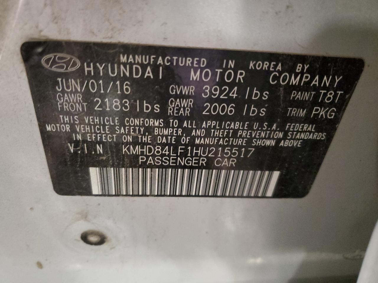 2017 Hyundai Elantra Se VIN: KMHD84LF1HU215517 Lot: 86266875