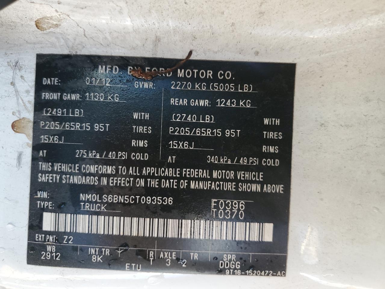 2012 Ford Transit Connect Xlt VIN: NM0LS6BN5CT093536 Lot: 83785415