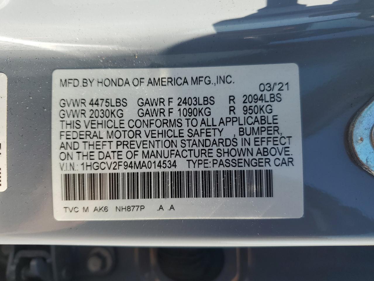 2021 Honda Accord Touring VIN: 1HGCV2F94MA014534 Lot: 81556515