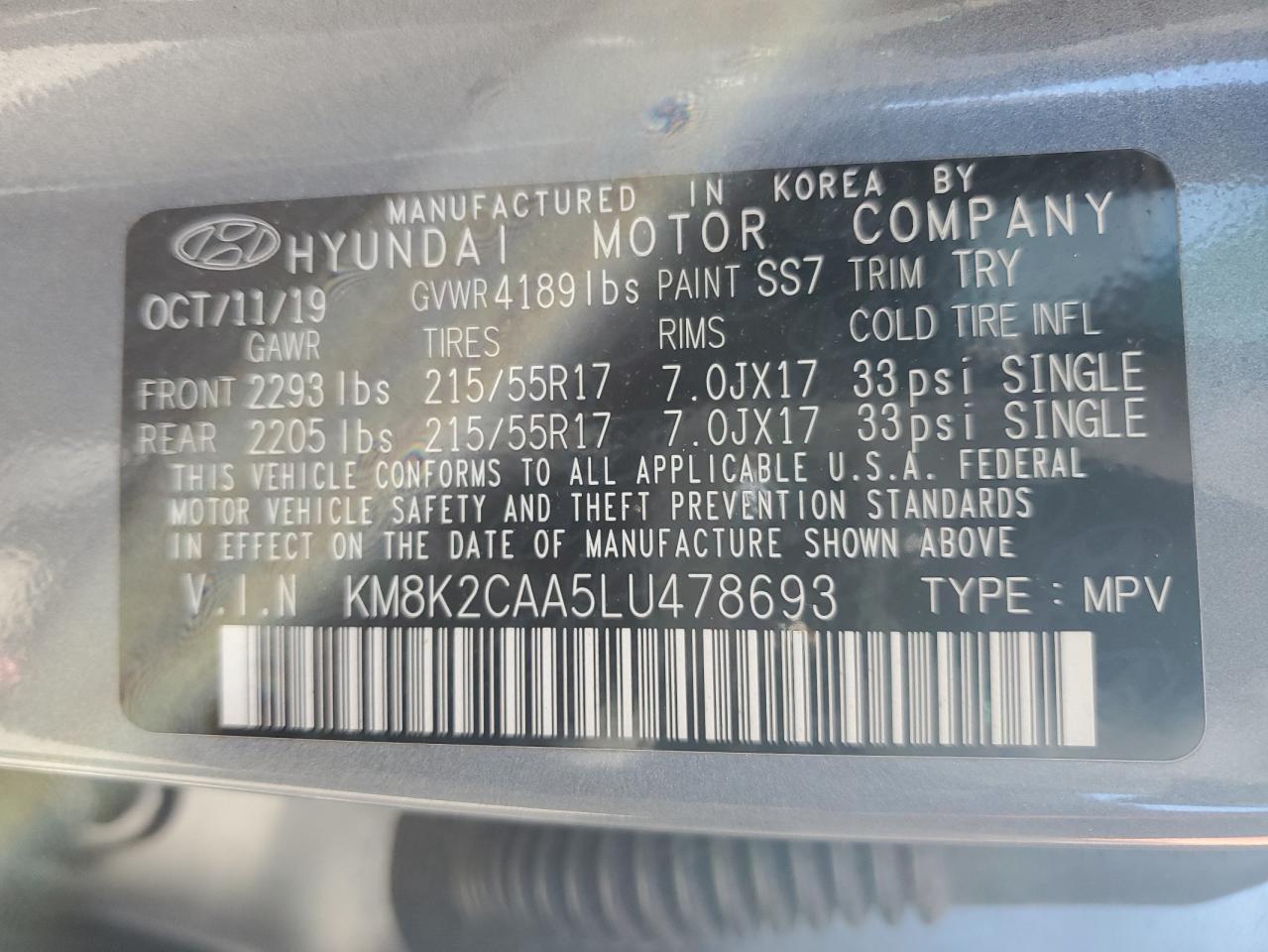 2020 Hyundai Kona Sel VIN: KM8K2CAA5LU478693 Lot: 81705615
