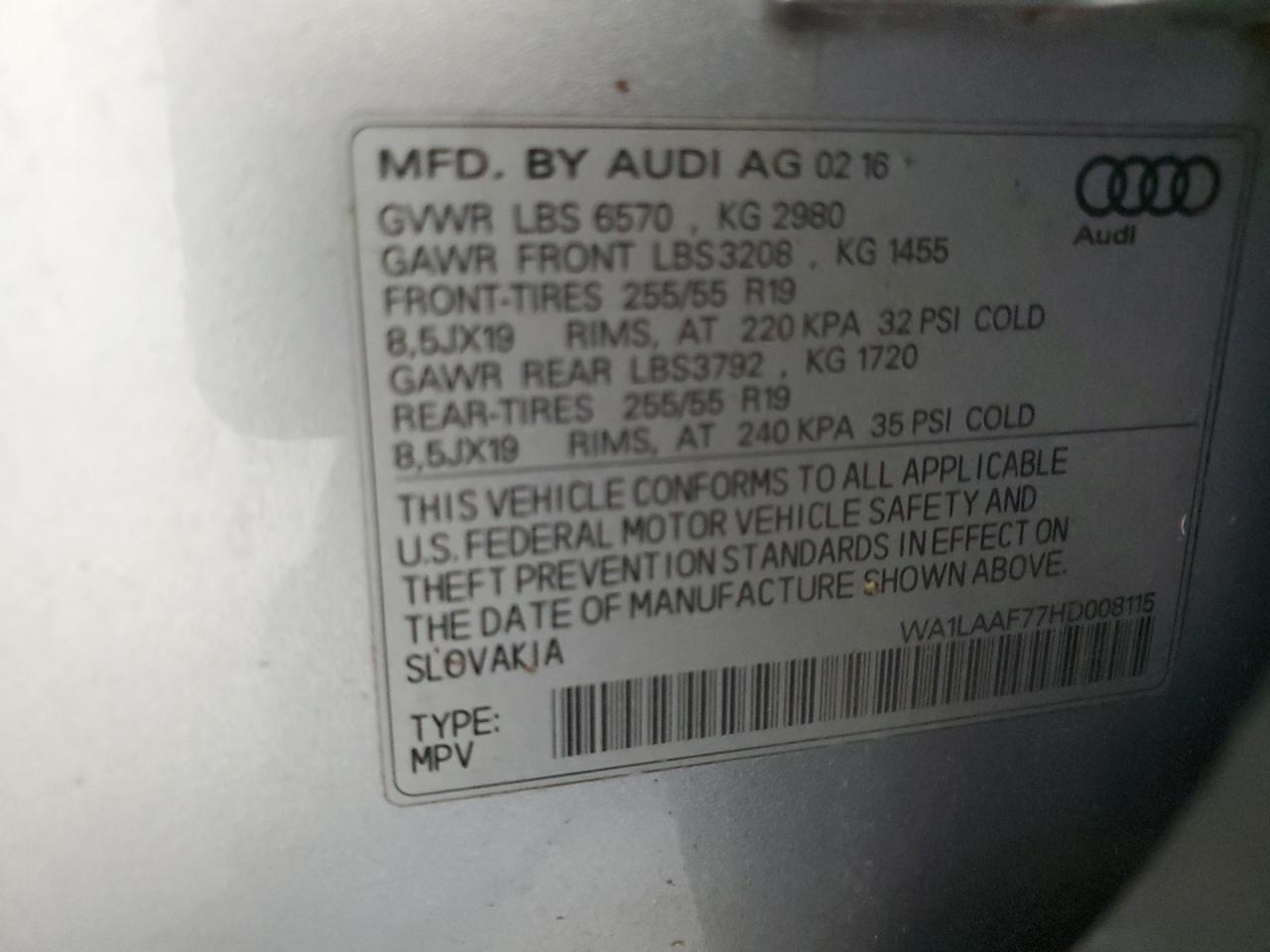 2017 Audi Q7 Premium Plus VIN: WA1LAAF77HD008115 Lot: 82574765