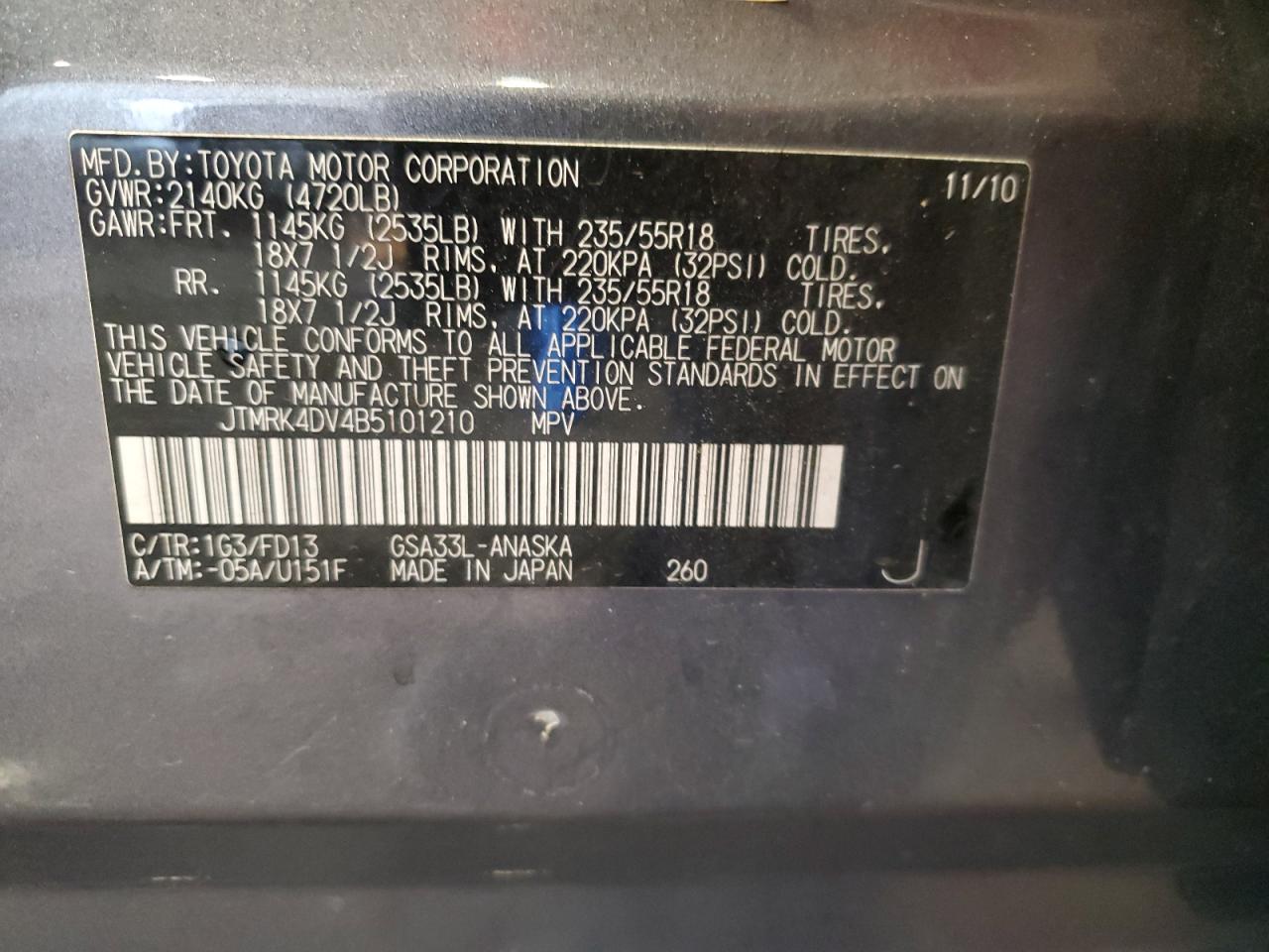 2011 Toyota Rav4 Sport VIN: JTMRK4DV4B5101210 Lot: 89861965