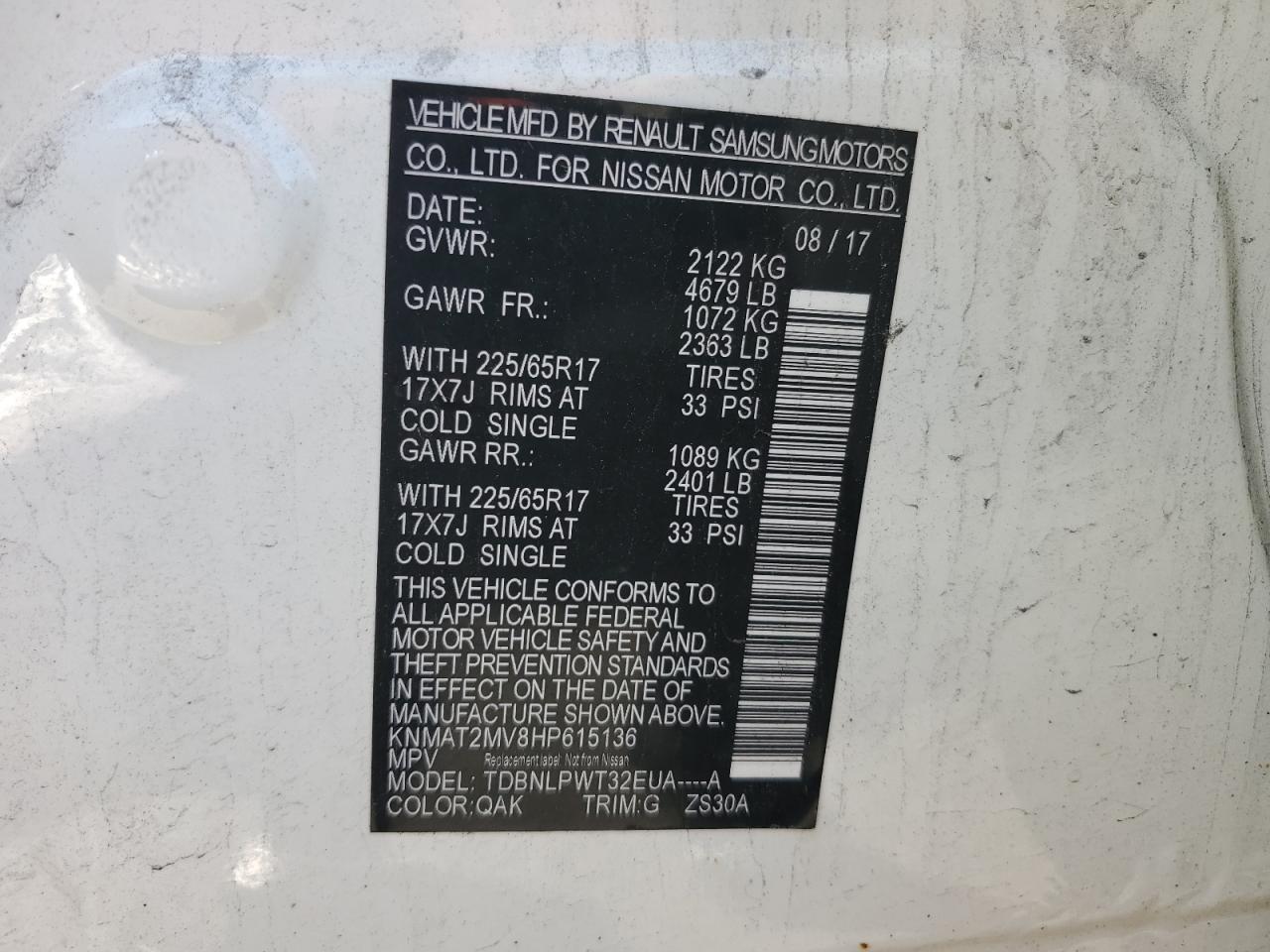 2017 Nissan Rogue S VIN: KNMAT2MV8HP615136 Lot: 85669225