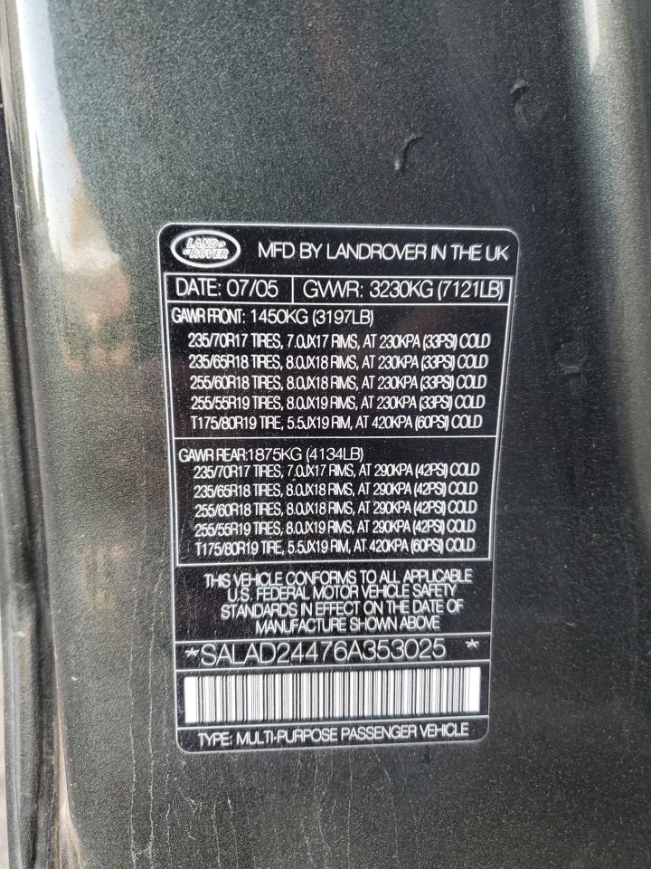 2006 Land Rover Lr3 Se VIN: SALAD24476A353025 Lot: 82191385