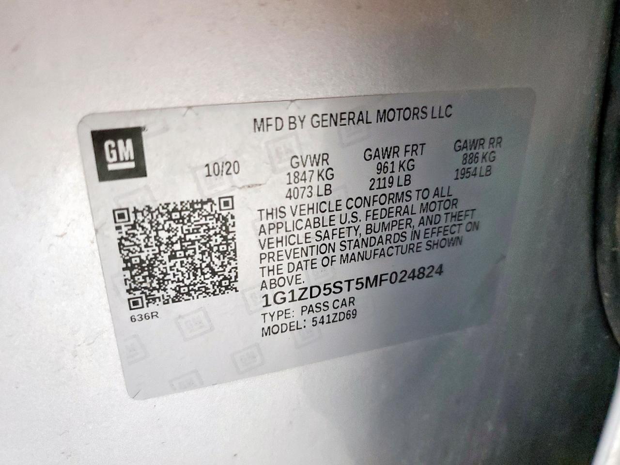 2021 Chevrolet Malibu Lt VIN: 1G1ZD5ST5MF024824 Lot: 85570145