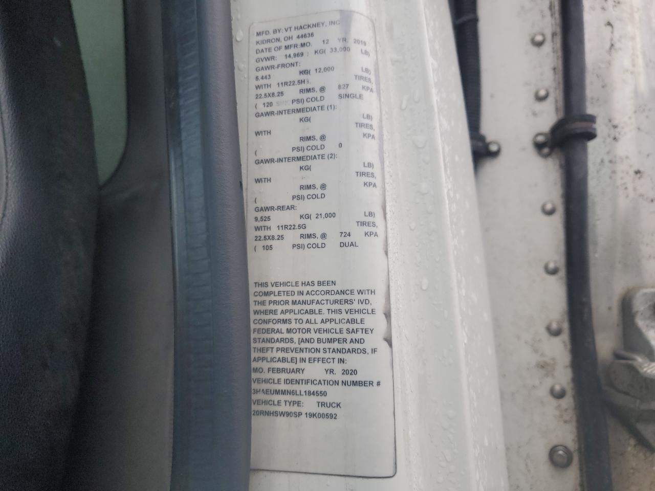 2020 International Mv607 - Refrigerated Delivery Van VIN: 3HAEUMMN6LL184550 Lot: 85588065