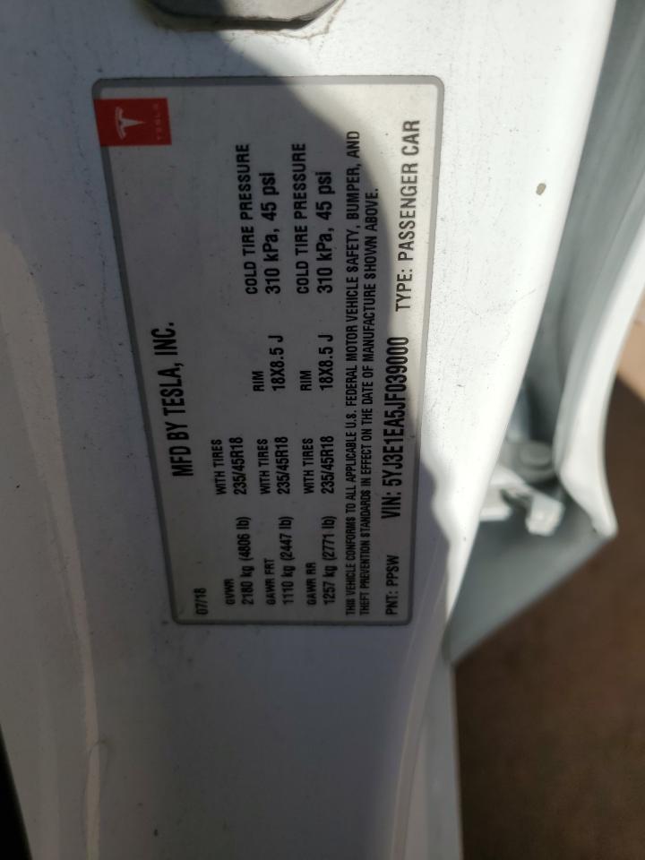 2018 Tesla Model 3 VIN: 5YJ3E1EA5JF039000 Lot: 85136245