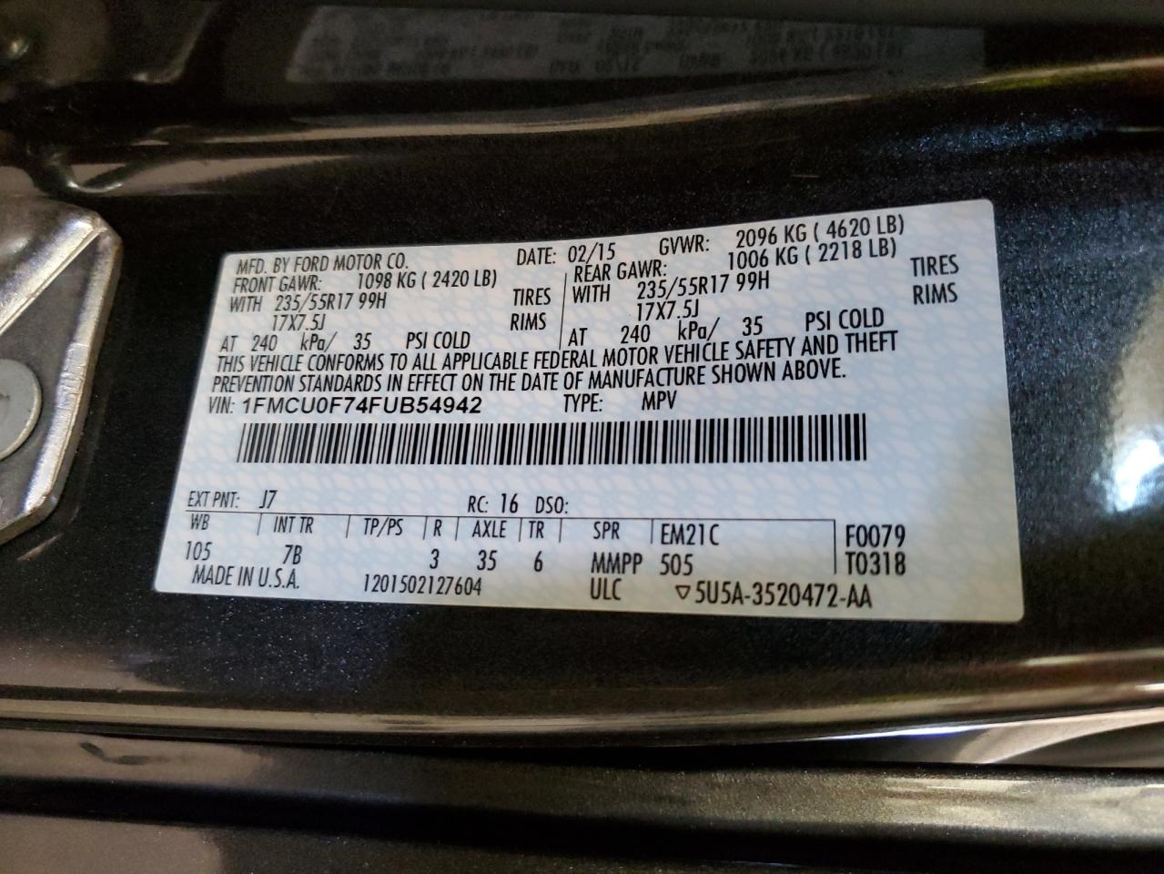 2015 Ford Escape S VIN: 1FMCU0F74FUB54942 Lot: 89826155