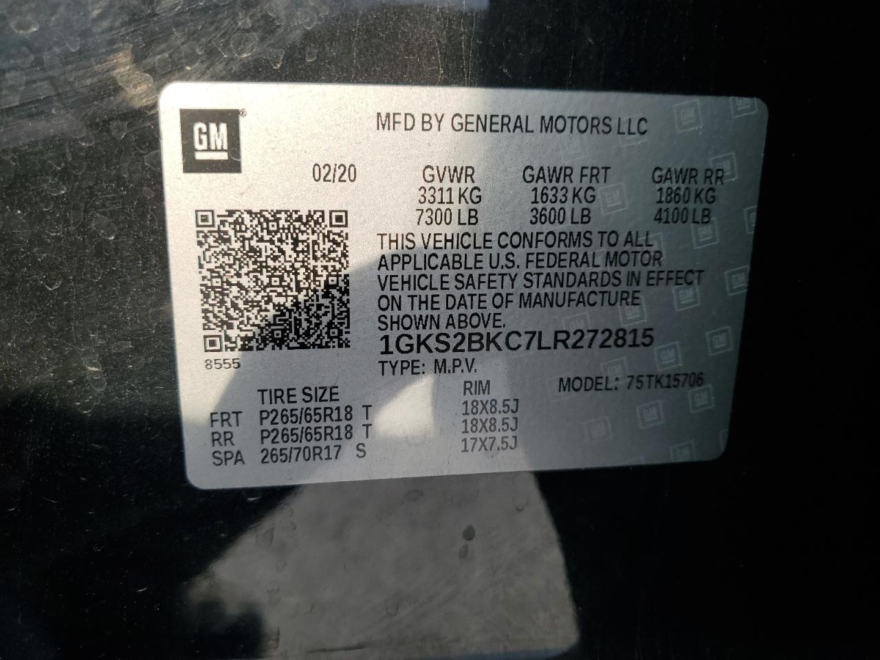 2020 GMC Yukon Slt VIN: 1GKS2BKC7LR272815 Lot: 89708995