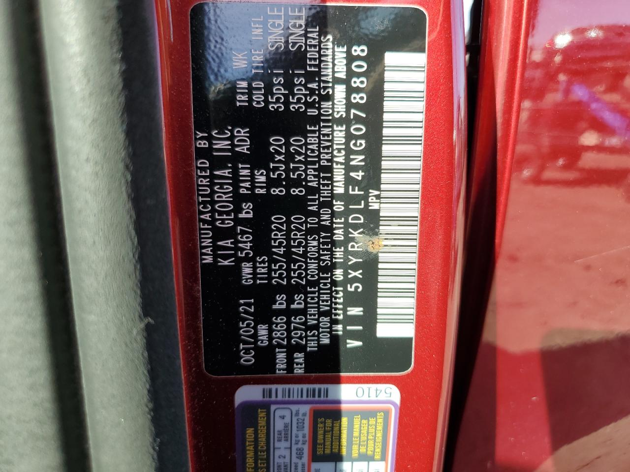 2022 Kia Sorento Sx VIN: 5XYRKDLF4NG078808 Lot: 84795665