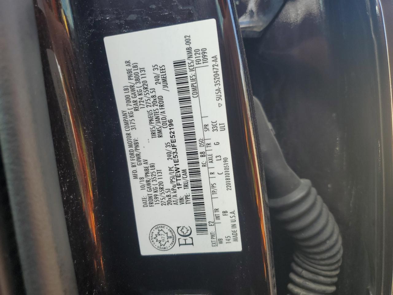 2018 Ford F150 Supercrew VIN: 1FTEW1E53JFE52196 Lot: 86125985