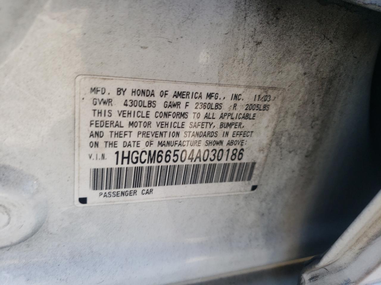 2004 Honda Accord Ex VIN: 1HGCM66504A030186 Lot: 86640195