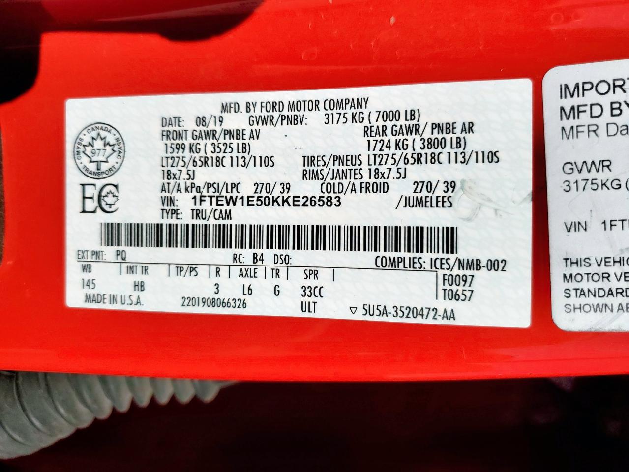 2019 Ford F150 Supercrew VIN: 1FTEW1E50KKE26583 Lot: 85299815