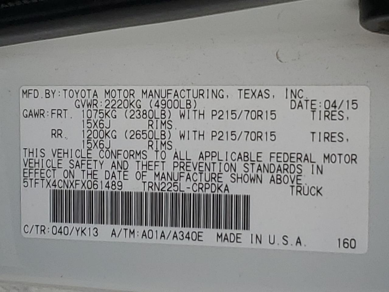 2015 Toyota Tacoma Access Cab VIN: 5TFTX4CNXFX061489 Lot: 86130755