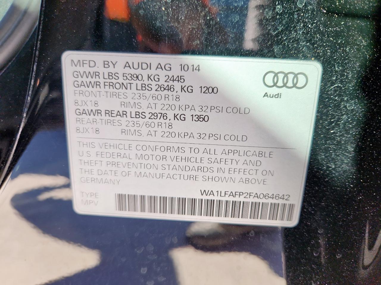 2015 Audi Q5 Premium Plus VIN: WA1LFAFP2FA064642 Lot: 86089425