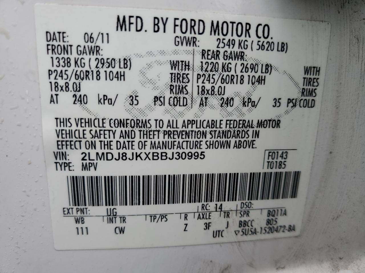 2011 Lincoln Mkx VIN: 2LMDJ8JKXBBJ30995 Lot: 82341815