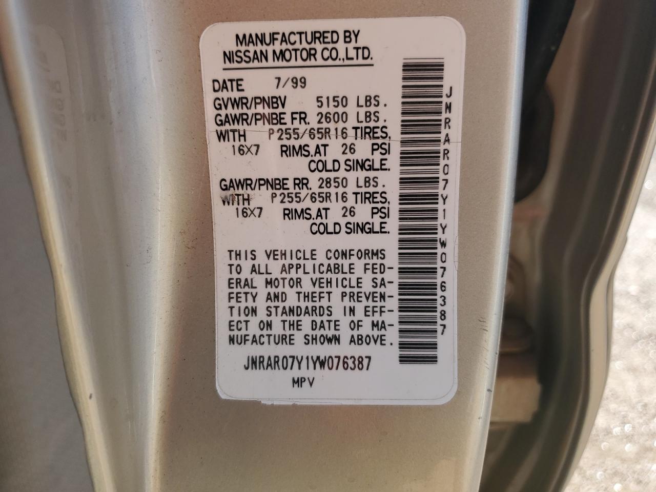 2000 Infiniti Qx4 VIN: JNRAR07Y1YW076387 Lot: 81458505