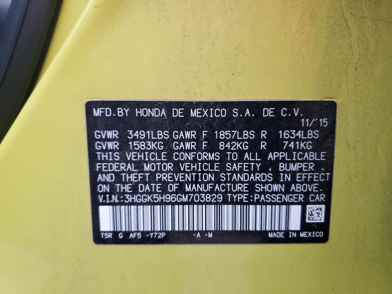 2016 Honda Fit Ex VIN: 3HGGK5H96GM703829 Lot: 87400375