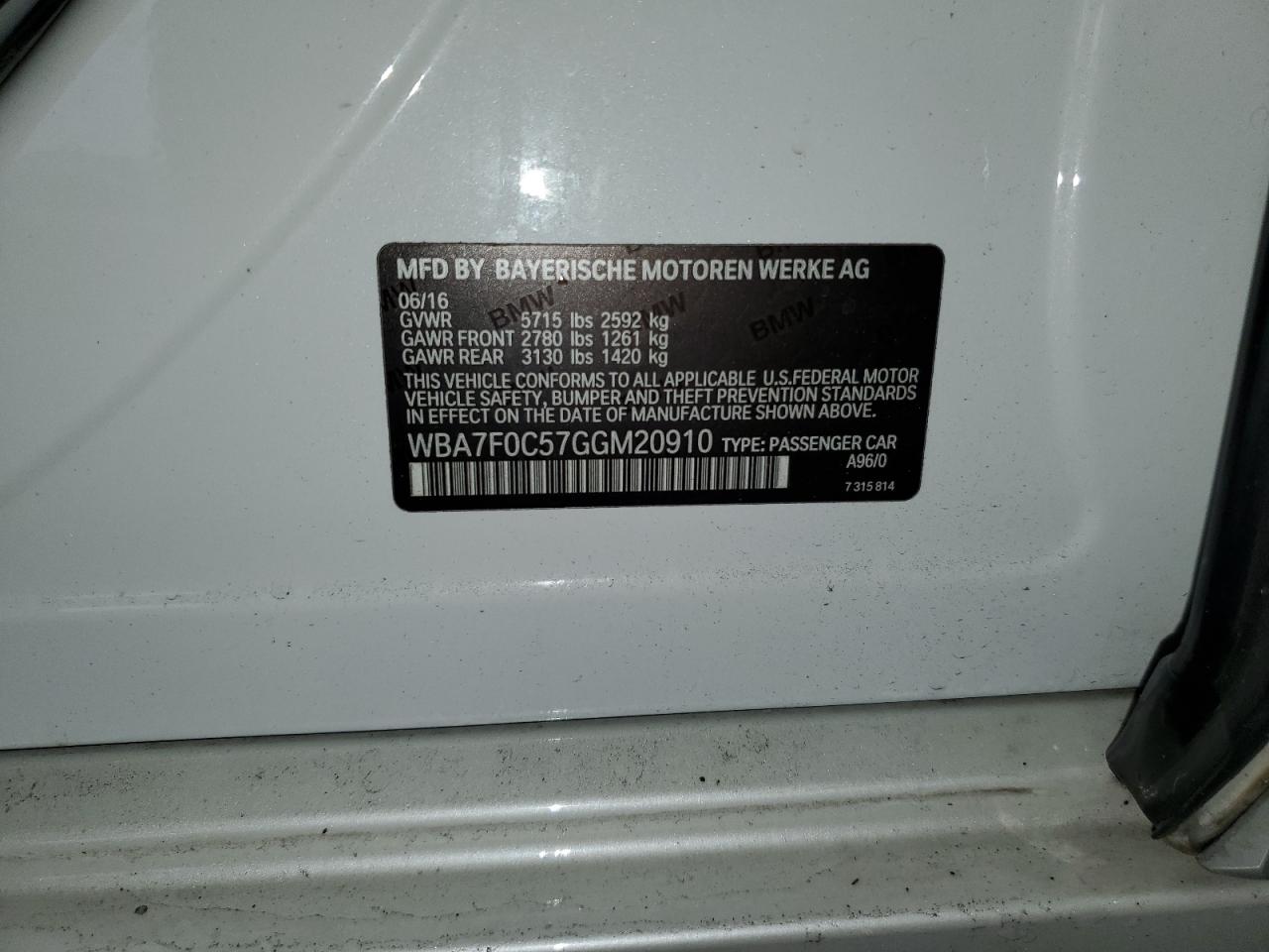 2016 BMW 750 I VIN: WBA7F0C57GGM20910 Lot: 85939915