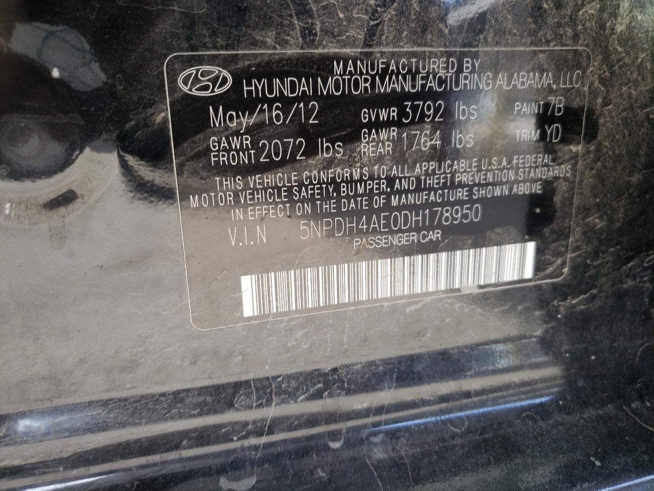 2013 Hyundai Elantra Gls VIN: 5NPDH4AE0DH178950 Lot: 82390245
