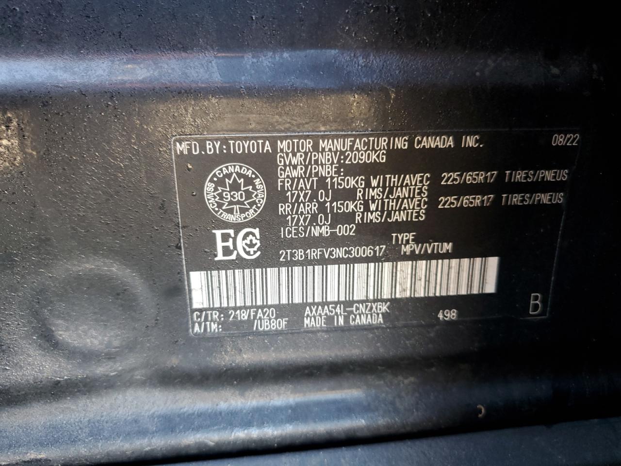 2022 Toyota Rav4 Le VIN: 2T3B1RFV3NC300617 Lot: 84982315