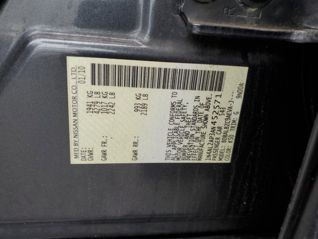 2010 Nissan Altima Base VIN: 1N4AL2AP3AN452571 Lot: 86052995