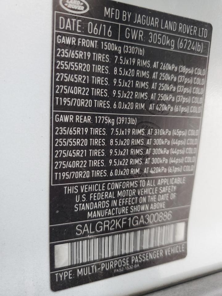 2016 Land Rover Range Rover VIN: SALGR2KF1GA300886 Lot: 86717995