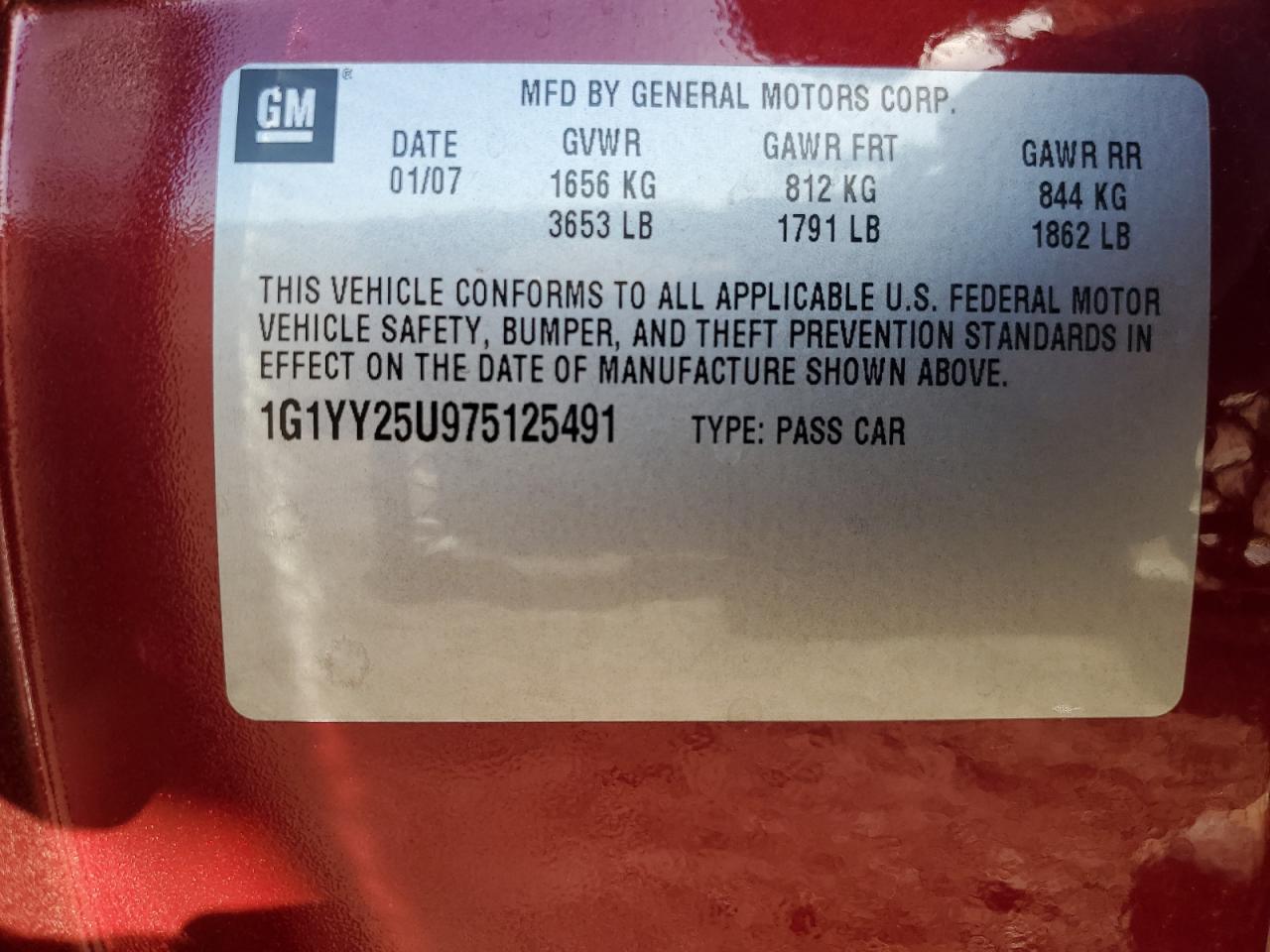 2007 Chevrolet Corvette VIN: 1G1YY25U975125491 Lot: 90199005