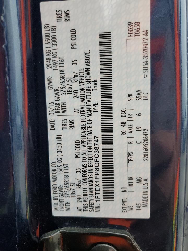 2016 Ford F150 Super Cab VIN: 1FTEX1EP8GFC38747 Lot: 85490265