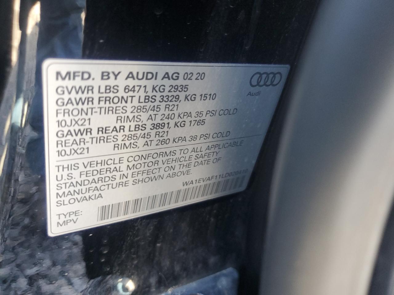 2020 Audi Q8 Premium Plus S-Line VIN: WA1EVAF11LD020410 Lot: 85377665