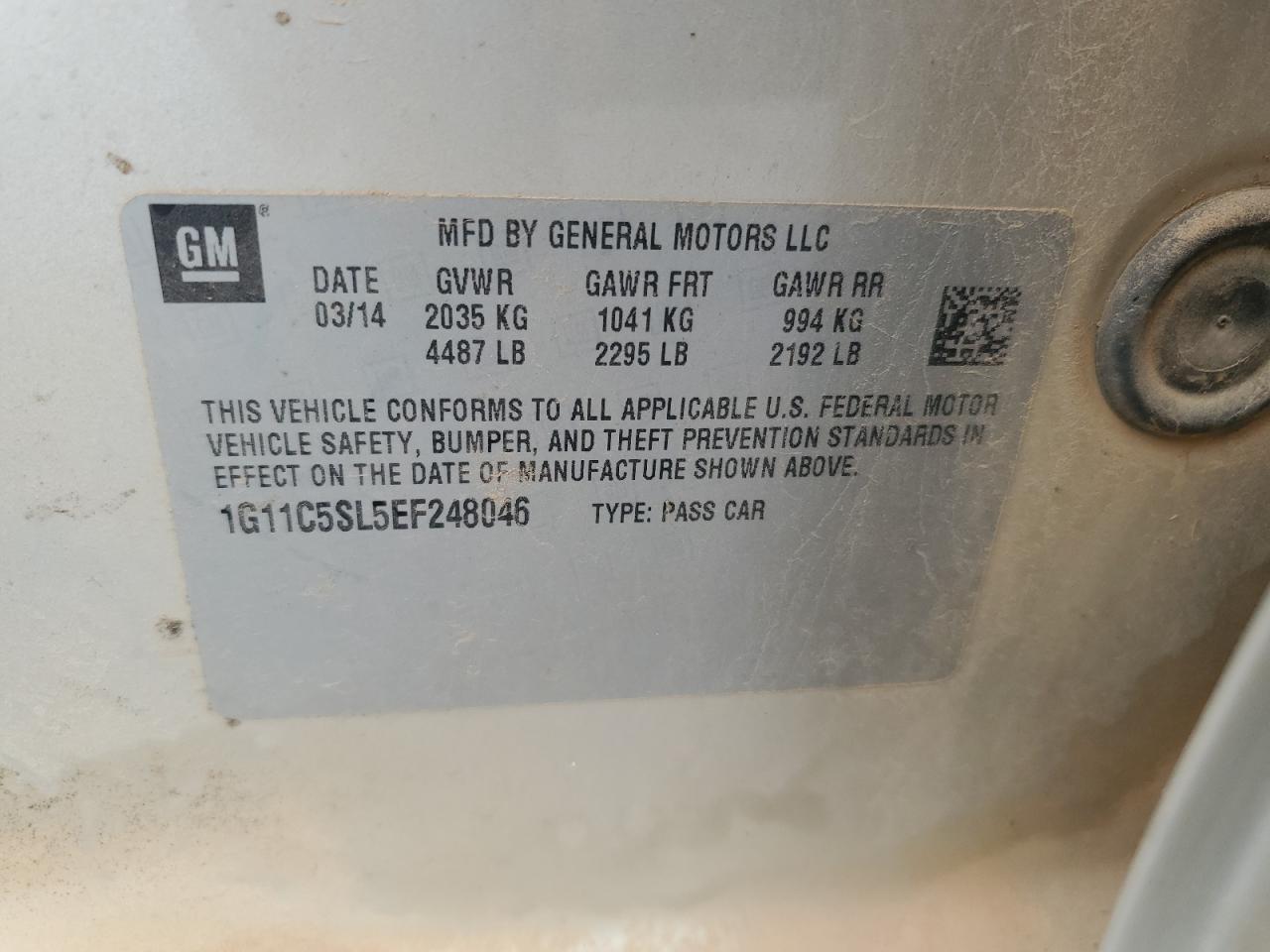 2014 Chevrolet Malibu 1Lt VIN: 1G11C5SL5EF248046 Lot: 86271295