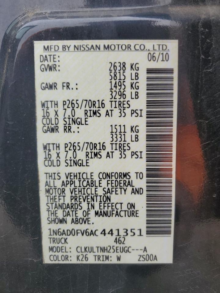 2010 Nissan Frontier Crew Cab Se VIN: 1N6AD0FV6AC441351 Lot: 86820235