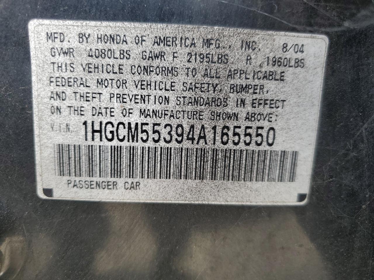 2004 Honda Accord Lx VIN: 1HGCM55394A165550 Lot: 82180245